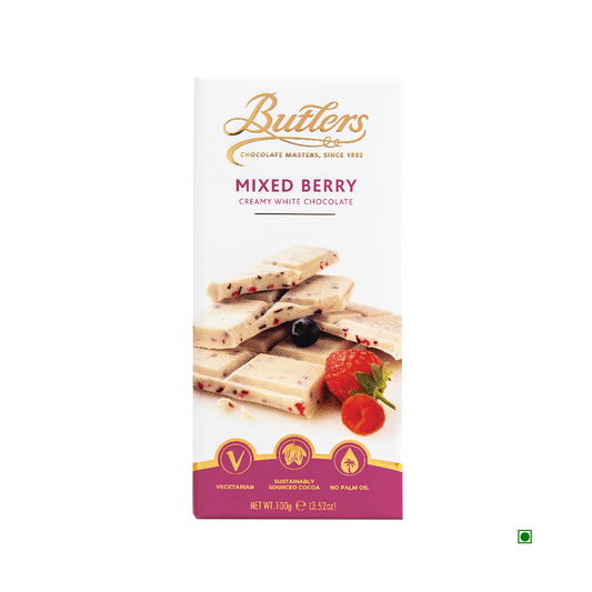 A bar of Butlers White Mixed Berry Bar 100g, featuring vegetarian, sustainably sourced cocoa, and no palm oil icons, with a tangy white chocolate and mixed berry illustration on the packaging.