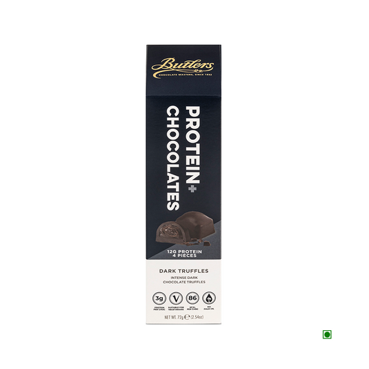 A box of Butlers Protein+ Chocolates Dark Truffles 72g featuring dark chocolate truffles made with dairy protein. The box highlights 12g of protein content, includes 4 pieces, and mentions supporting dietary preferences with relevant icons. Enjoy the rich taste while knowing the cocoa is sustainably sourced.