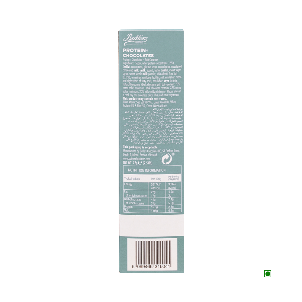 A teal-colored Butlers Protein+ Chocolates Salted Caramel 72g box with descriptive text, nutritional information, and a barcode on the back featuring sustainably sourced ingredients, and a recyclable symbol near the bottom.