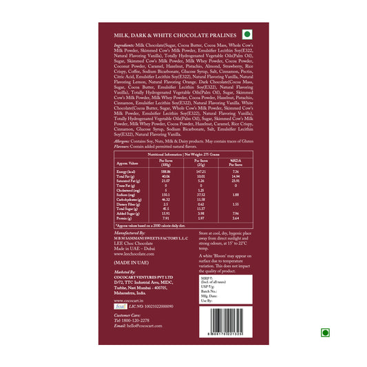 The back of the Rhine Valley Pralines Collection Giftbox 275g highlights ingredients, nutritional information, and manufacturer details in white text against a red background. Crafted with care specifically for the UAE market, each praline delivers a taste of luxurious indulgence.