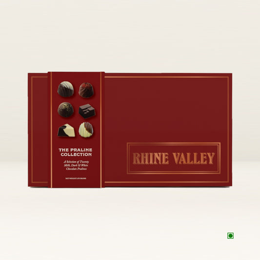 A 275g gift box of Rhine Valley Pralines, elegantly branded with the "Rhine Valley" name, presents an array of assorted pralines on the front. It offers a luxury experience suitable for any occasion, even in the opulent settings of the UAE.