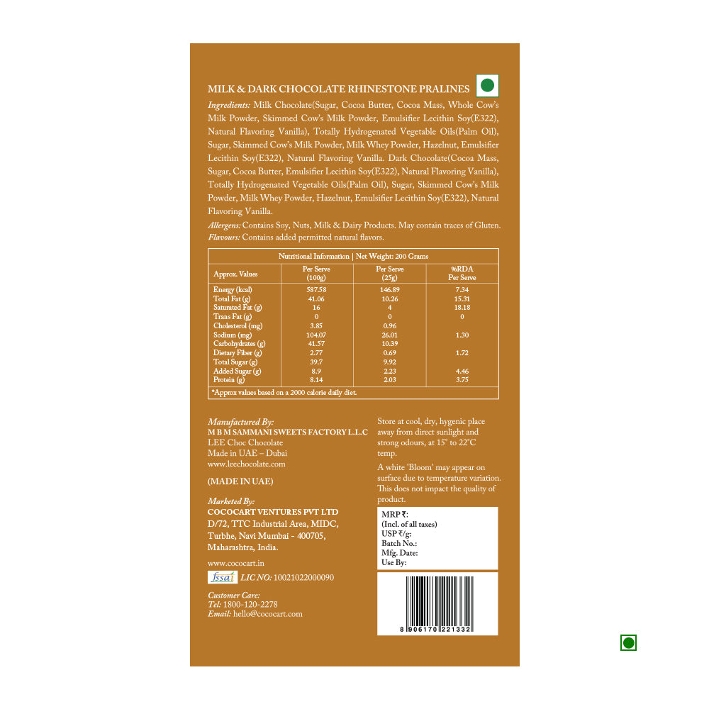 A Rhine Valley Rhinestone Collection Giftbox 200g packaging label showing ingredients, nutritional information, manufacturer details, contact information, and the Country of Origin: UAE.