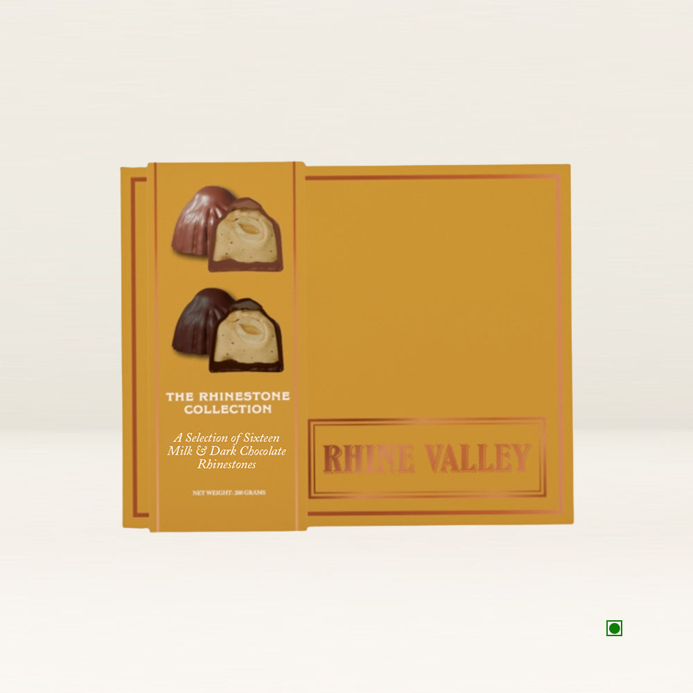 A 200g Rhine Valley Rhinestone Collection Giftbox from the UAE, featuring a selection of sixteen milk and dark chocolate pralines.