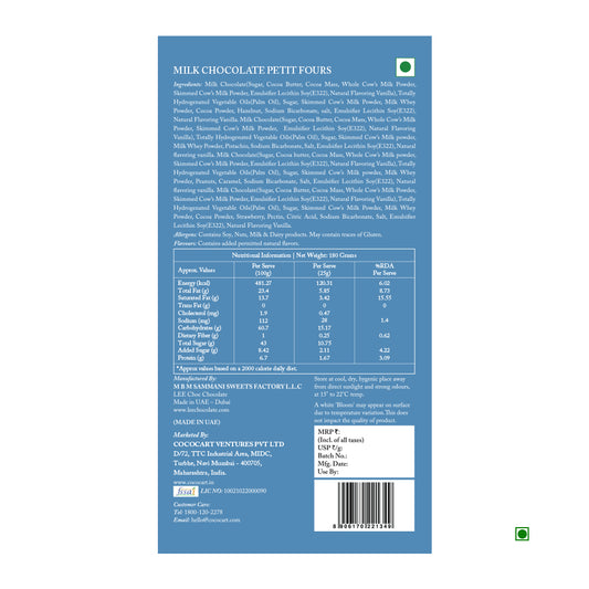 The Rhine Valley Petit Fours Collection Giftbox 180g boasts a blue packaging for its milk chocolate petit fours, displaying the ingredient list, nutritional information, and manufacturer details. Proudly made in the UAE, it also features a green vegetarian symbol.