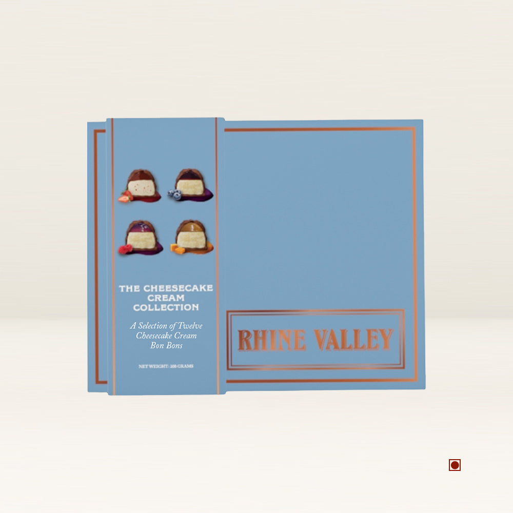 Blue Rhine Valley gift box, named "Rhine Valley Cheesecake Cream Collection Giftbox 200g," features images of assorted chocolate bonbons on the side and proudly showcases the UAE as its country of origin.