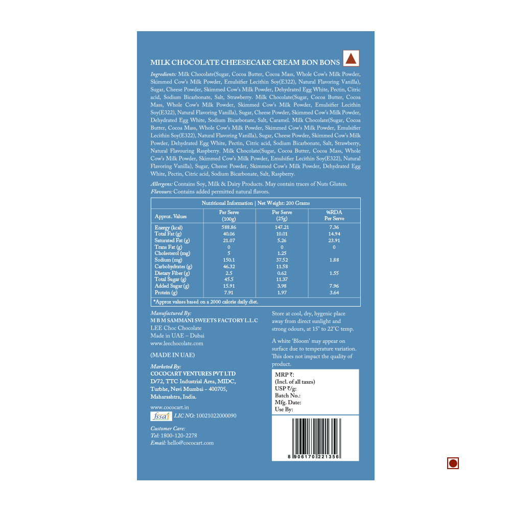 Nutrition label for Rhine Valley Cheesecake Cream Collection Giftbox 200g, highlighting ingredients, nutritional information, allergens, storage instructions, and manufacturer contact details. Country of Origin: UAE.