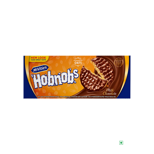 Package of McVitie's Hobnobs Milk Chocolate 300g, proudly made by McVitie's in the United Kingdom, showcasing a partially eaten chocolate-covered biscuit on an orange and blue background.