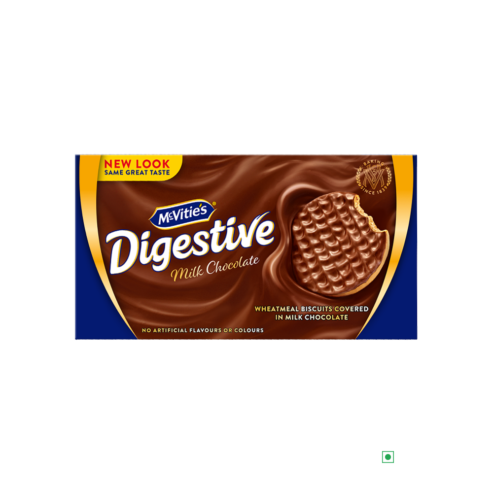 The McVitie's Digestive Milk Chocolate 200g package, adorned with a distinctive blue and brown design, showcases an image of a chocolate-covered biscuit, celebrating its deep-rooted tradition in the United Kingdom.