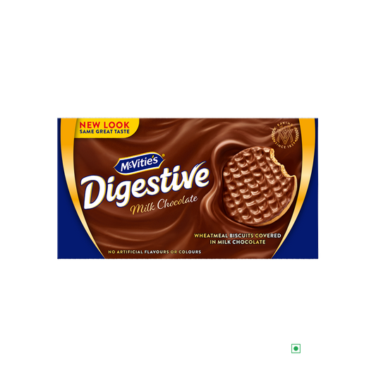 The McVitie's Digestive Milk Chocolate 200g package, adorned with a distinctive blue and brown design, showcases an image of a chocolate-covered biscuit, celebrating its deep-rooted tradition in the United Kingdom.