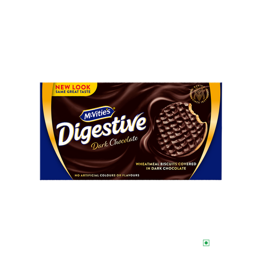 The McVitie's Digestive Dark Chocolate 200g package, reflecting the rich heritage of the United Kingdom, boasts a fresh appearance while maintaining its delicious taste. This delightful wheatmeal biscuit is partially coated in dark chocolate.