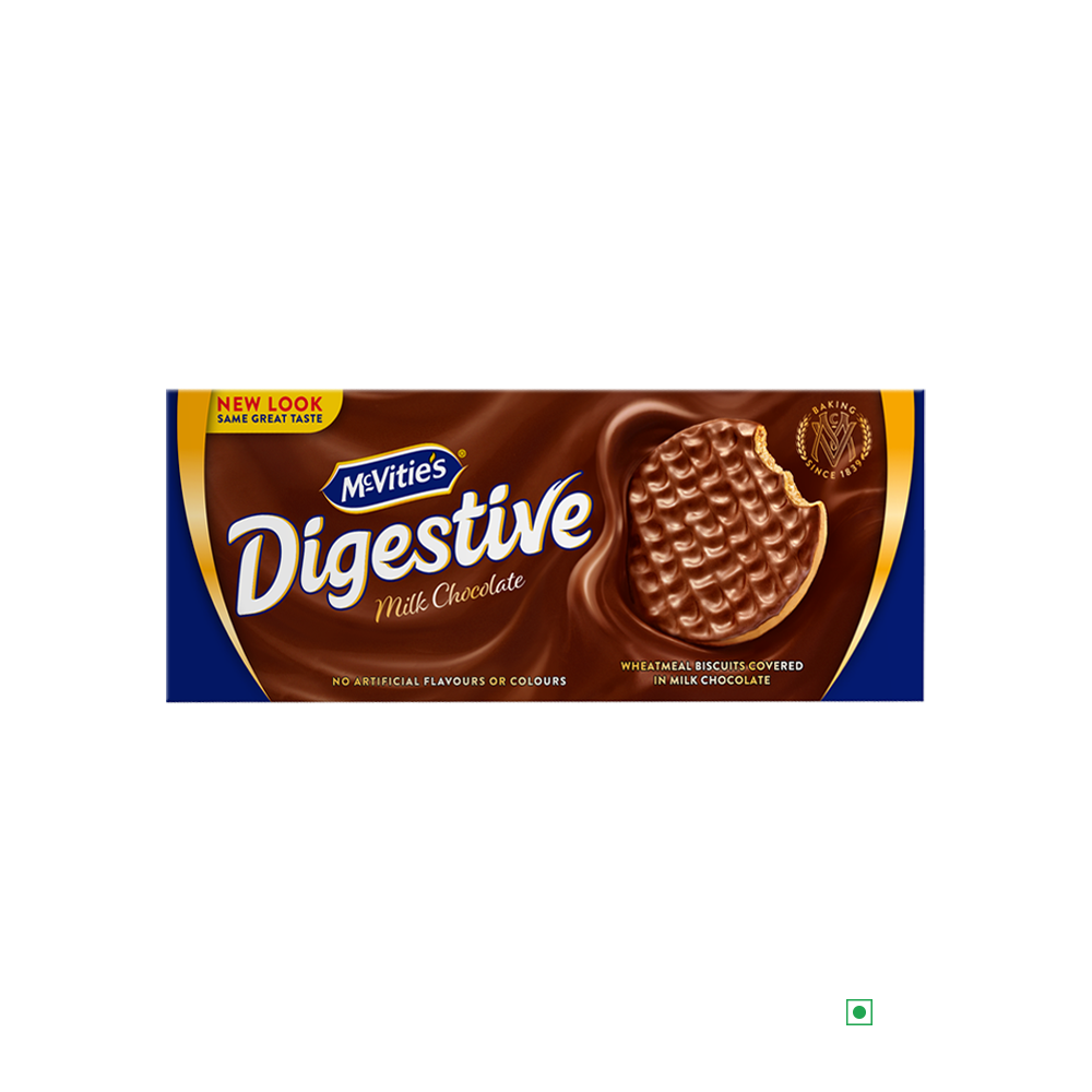 The packaging for the McVitie's Digestive Milk Chocolate 300g, a popular treat from the UK, showcases a partially eaten chocolate-covered biscuit along with product details on a brown and blue design.