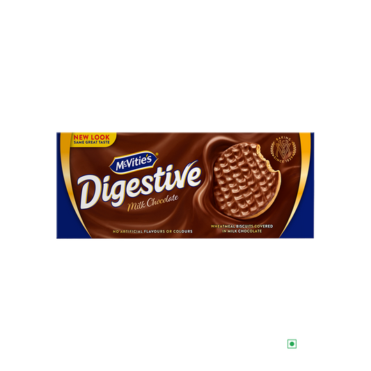 The packaging for the McVitie's Digestive Milk Chocolate 300g, a popular treat from the UK, showcases a partially eaten chocolate-covered biscuit along with product details on a brown and blue design.