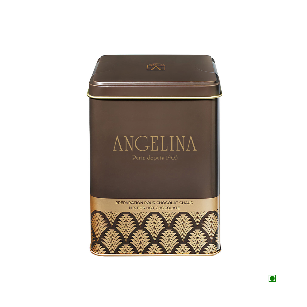 A rectangular metal tin box labeled "Angelina," containing 350g of Angelina Hot Chocolate Mix made from the finest African cocoa. The design features gold text and patterns on a rich, dark brown background and carries the tradition of "Angelina Paris depuis 1903.