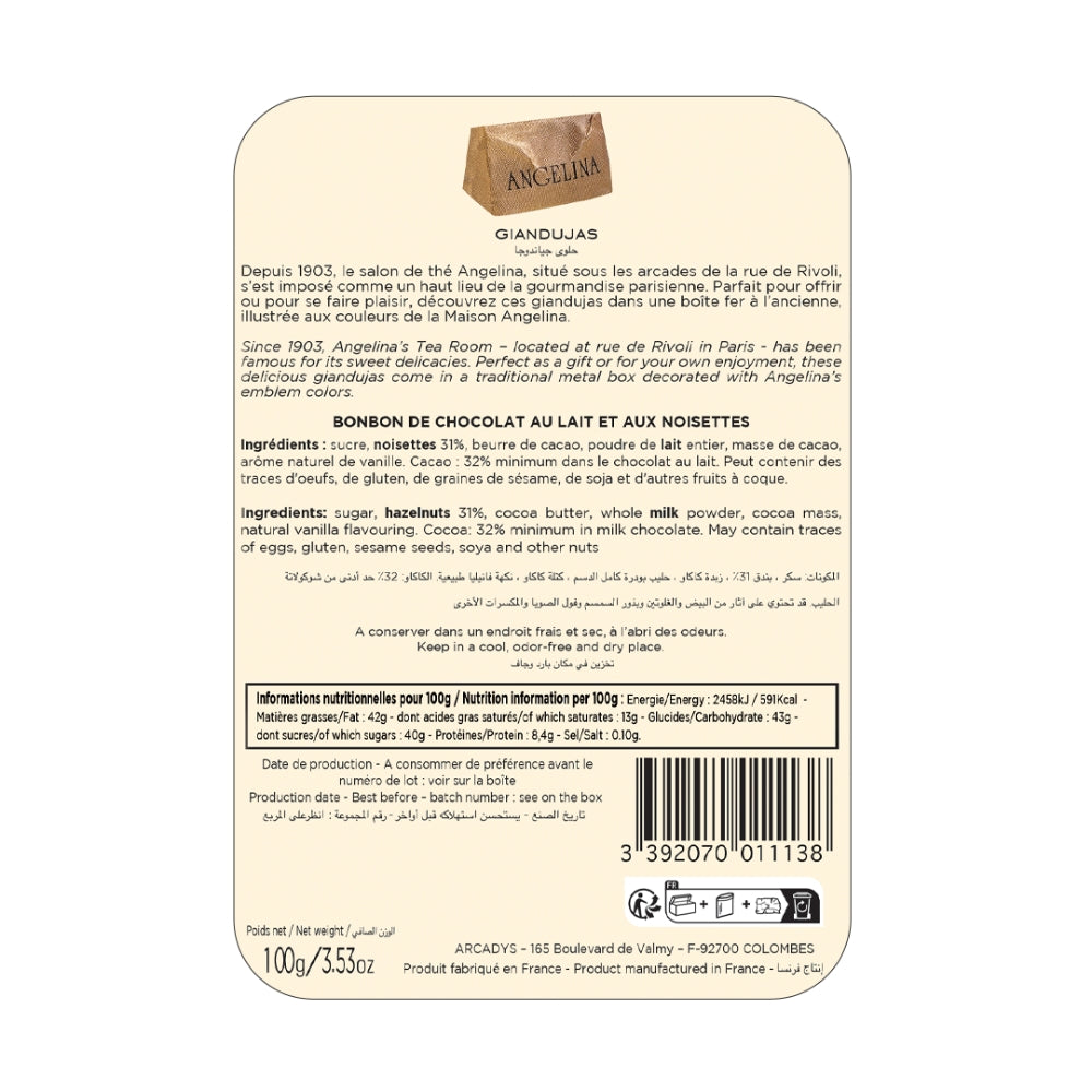 A tin box of Angelina Mini Giandujas, crafted from high-quality chocolate and Piedmont hazelnuts. The front lists ingredients, nutritional information, and a brief history of the product in both French and English. Barcode and weight (100g) are also shown.