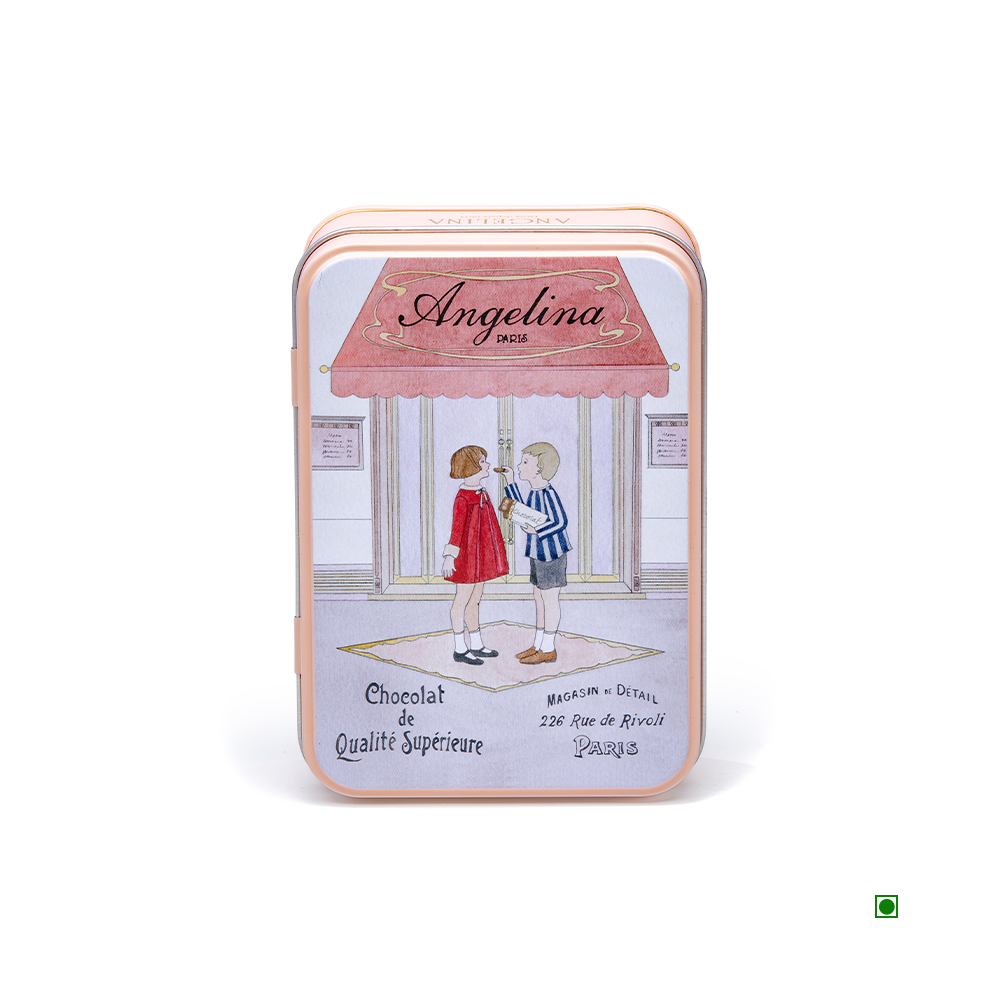 A rectangular tin container featuring an illustration of two children under a red awning, with text reading "Angelina Paris" and "Chocolat de Qualité Supérieure." The Angelina Mini Giandujas Tin Box 100g offers high-quality chocolate that is perfect for lovers of Giandujas.