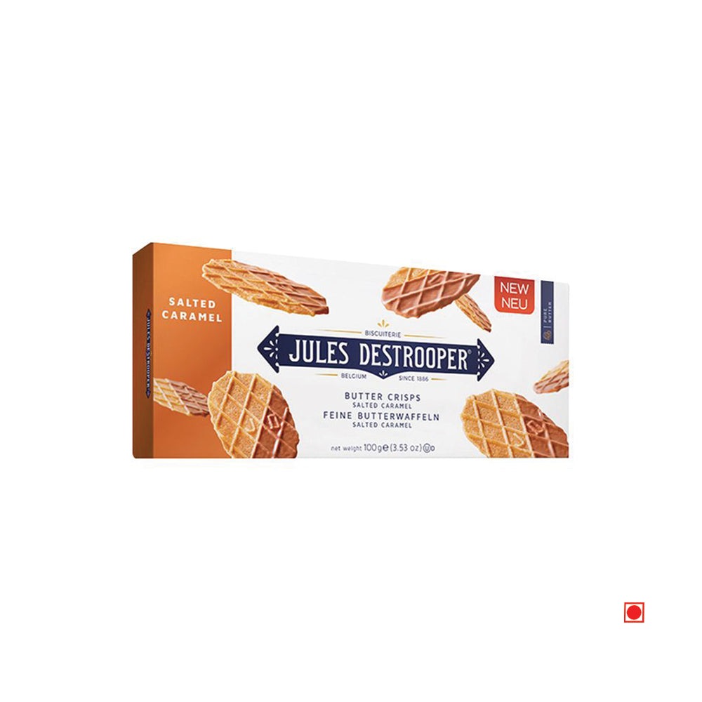 Box of Jules Destrooper Butter Crisps Salted Caramel Biscuits 100g featuring a white background and images of the ultimate snack.