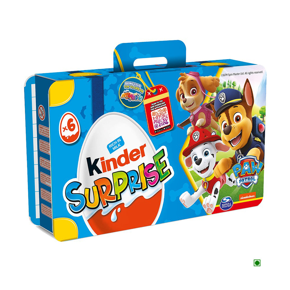 Kinder Surprise Imbutito T6 Paw Patrol 120g from Kinder features a handled box with bright packaging, includes 6 chocolate eggs, and offers fun activities in the Applaydu app.