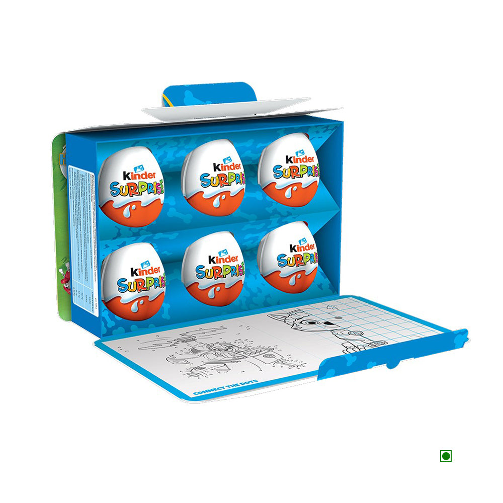 Open a box of six Kinder Surprise Imbutito T6 Paw Patrol eggs to uncover exciting contents. The bottom flap has a fun coloring activity with cartoon illustrations and Paw Patrol characters, bringing joy to every Applaydu adventure!.