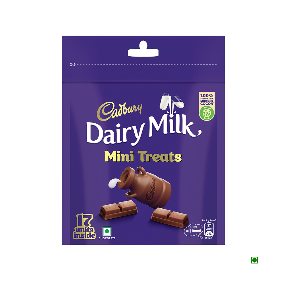A purple packet of Cadbury Dairy Milk Home Treats Chocolate 119g features images of chocolate pieces and a milk jug—perfect as a delicious chocolate gift pack for any occasion.