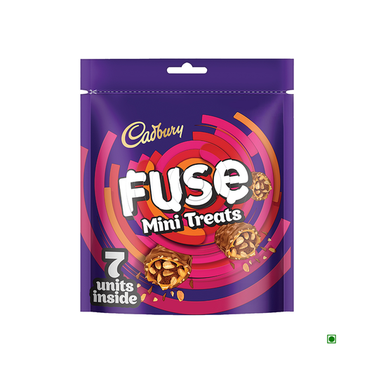 The vibrant purple packaging of Cadbury Fuse Chocolate Bites Home Treats Pack features a captivating swirl of pink and orange design elements. Experience the crunchy chocolate, enriched with nuts and caramel, making each bite a delightful indulgence. The text "7 units inside" highlights its generous offering. Made from sustainably sourced cocoa, this treat is both delectable and responsibly crafted by Cadbury.