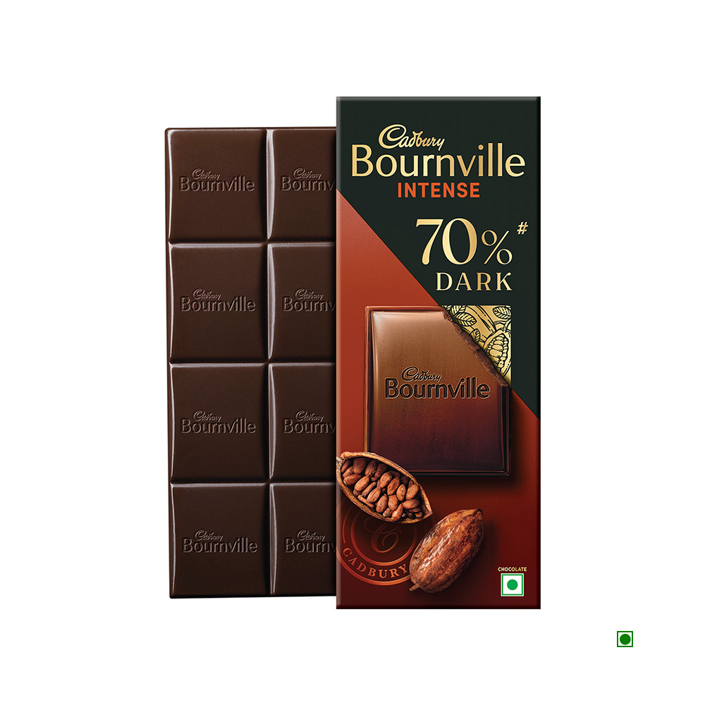 A partially unwrapped Cadbury Bournville Rich Cocoa 70% Dark Chocolate Bar (80g) showcases its luxurious, dark squares, with packaging that prominently features the 70% cocoa content and emphasizes the use of premium cocoa beans.