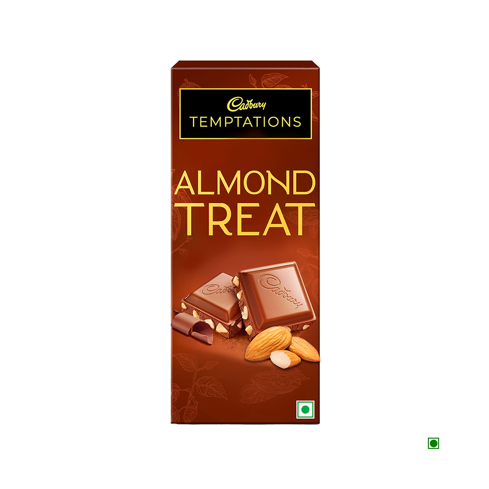 A 72g Cadbury Temptations Almond Treat Premium Chocolate Bar highlights its delightful almond-flavored indulgence, making it an ideal gift with elegantly adorned packaging.