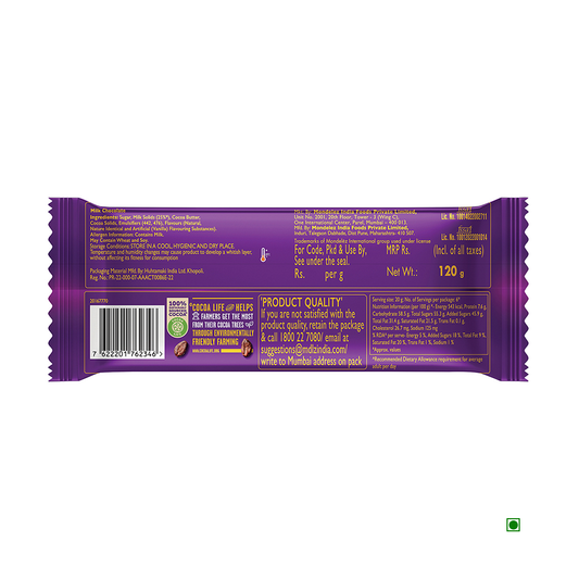 The back of the Cadbury Dairy Milk Silk Bubbly Chocolate Bar 120g wrapper features information on ingredients, nutrition, packaging, and contact details in bright orange and white text. Indulge in the smooth milk chocolate crafted with sustainably sourced cocoa for a delightful taste experience.