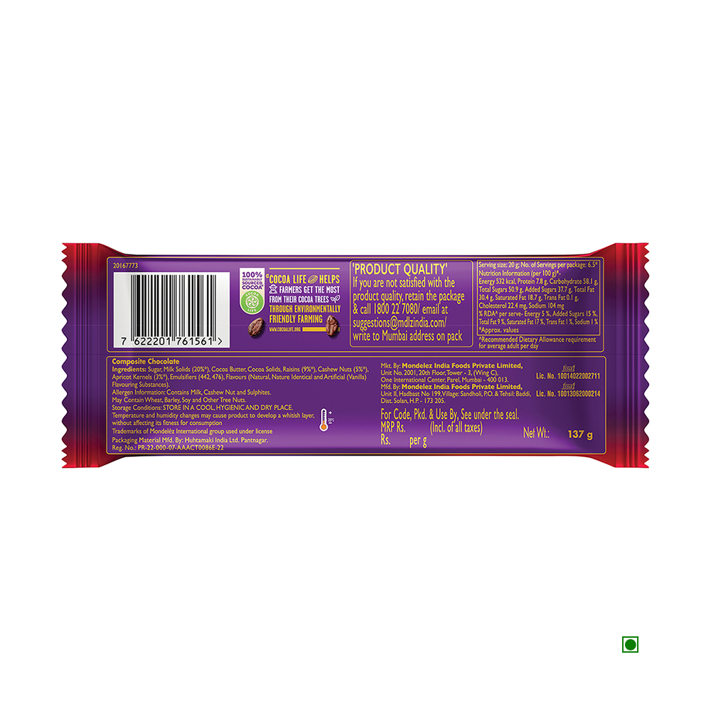 The back of the Cadbury Dairy Milk Silk Fruit & Nut Chocolate Bar 137g wrapper lists ingredients like almonds & raisins, recycling info, a barcode, contact details, and displays the green dot. The packaging is a shining purple with white and pink text.