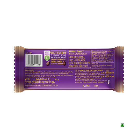 The back of a Cadbury Dairy Milk Silk Mousse Chocolate Bar 116g wrapper showcases product information, ingredients emphasizing its creamy mousse texture, and contact details. Enjoy the luxurious taste crafted with sustainably sourced cocoa for an ethical and delicious experience.