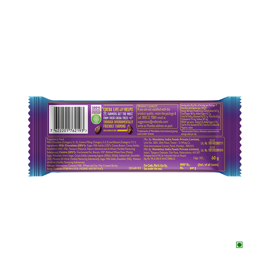 The back of the Cadbury Dairy Milk Silk Oreo Chocolate Bar 60g package underscores our dedication to cocoa sustainability and details its ingredients. The iconic purple packaging includes a barcode, a recycling symbol, and tempting Oreo pieces, adding an indulgent twist to the classic milk chocolate.