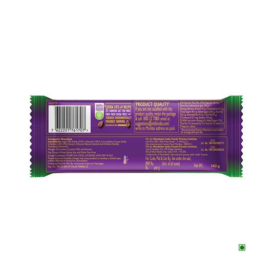 Back view of a Cadbury Dairy Milk Silk Roast Almond Chocolate Bar package featuring a barcode, product quality information, an ingredient list highlighting crunchy almonds, and a net weight of 143g.