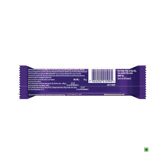 Back view of a Cadbury Fuse Chocolate Bar 43g wrapper, displaying nutritional information, a barcode, and manufacturing details on a purple background. Crafted with sustainably sourced cocoa, this chocolate bar offers an indulgent experience while promoting ethical practices.