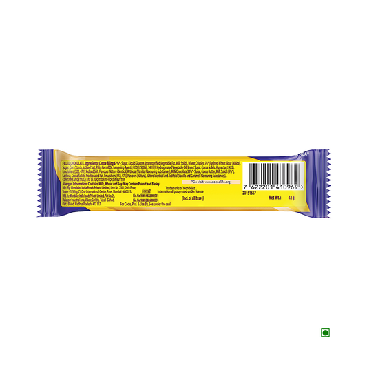 The reverse side of a Cadbury 5 Star 3D Chocolate Bar wrapper showcases an eye-catching yellow and purple pattern. It prominently displays the nutritional information, ingredients like crunchy wheat crispies and flowing caramel, along with a barcode.