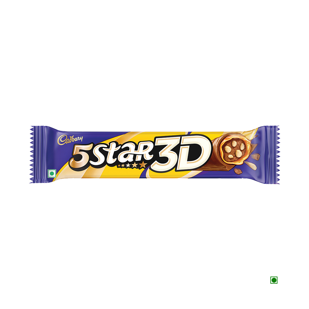 The image showcases the wrapper of a Cadbury 5 Star 3D Chocolate Bar (42g) in vibrant purple and yellow, highlighting a tempting cross-section with rich, flowing caramel. It beautifully illustrates the indulgent layers that make this Cadbury chocolate bar so irresistible.