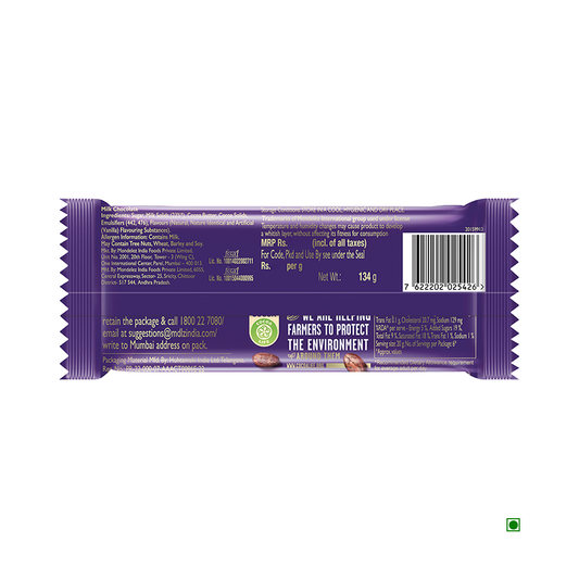 The packaging of the Cadbury Dairy Milk Chocolate Bar Family Pack, characterized by its predominantly purple design, features nutritional information and confirms a weight of 134g. It prominently emphasizes that it uses sustainably sourced cocoa to support environmental protection efforts by local farmers.