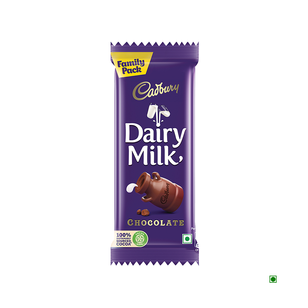 The Cadbury Dairy Milk Chocolate Bar Family Pack, weighing 134g, showcases a purple packaging adorned with a milk jug pouring over milk chocolate and cocoa beans, emphasizing its commitment to using sustainably sourced cocoa.