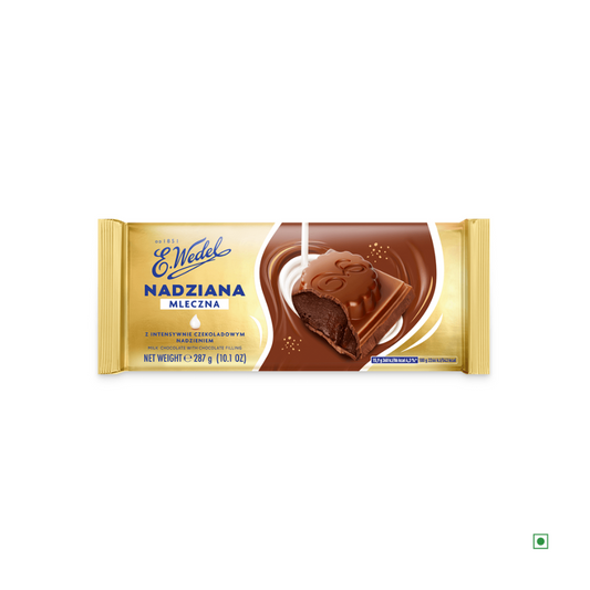The Wedel Nadziana Milk Chocolate Bar 287g by Wedel comes from Poland in gold and brown packaging, showing the chocolate and its creamy filling on the front.