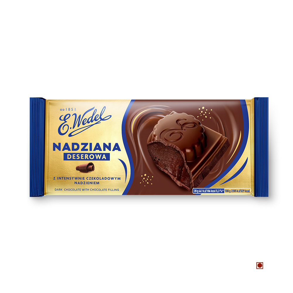 The Wedel Nadziana Dark Chocolate Filling Bar 100g features a beautifully designed package that showcases an image of a rich chocolate piece against a dark background. The brand name, Wedel, and product description are elegantly displayed in Polish, proudly highlighting Poland as the country of origin.