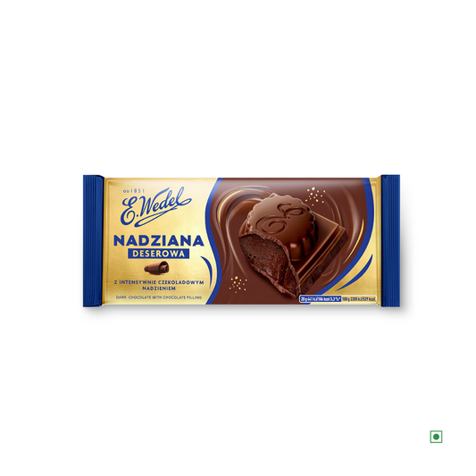 The Wedel Nadziana Dark Chocolate Filling Bar 100g packaging prominently features a tempting image of the bar on the front, showcasing its luscious dark chocolate filling and honoring its Polish roots.