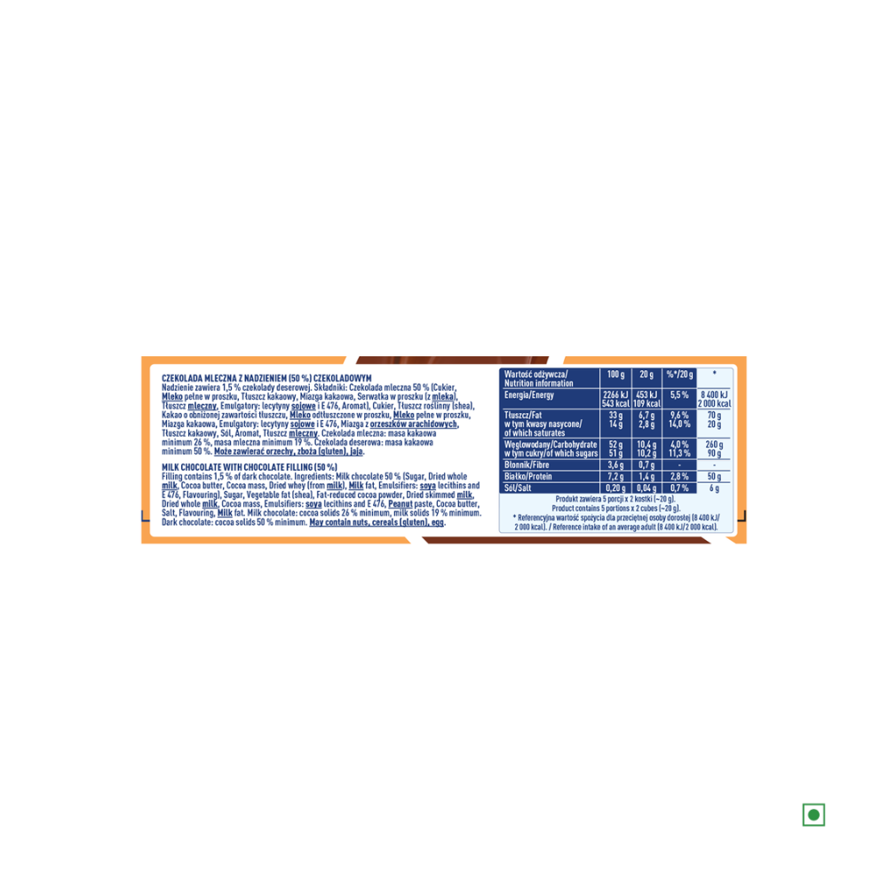 Back of a Wedel Nadziana Milk Chocolate Filling Bar 100g package displaying nutritional information, ingredients list, and proudly noting the country of origin: Poland.