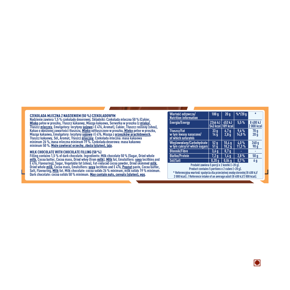 The packaging of the Wedel Nadziana Milk Chocolate Filling Bar 100g displays ingredients and nutritional information in both Polish and English, emphasizing its ties to Poland.