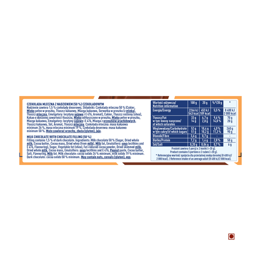 The packaging of the Wedel Nadziana Milk Chocolate Filling Bar 100g displays ingredients and nutritional information in both Polish and English, emphasizing its ties to Poland.