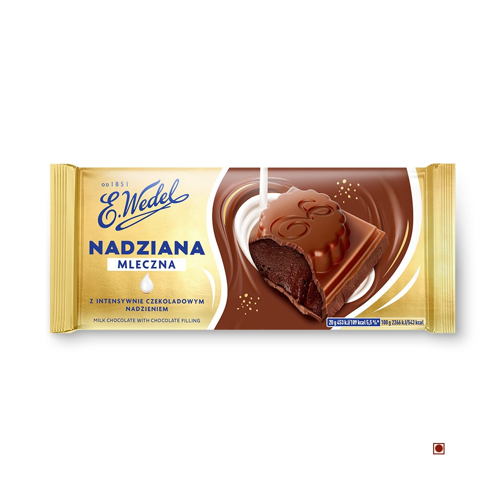 The Wedel Nadziana Milk Chocolate Filling Bar 100g, a delectable Polish creation by Wedel, boasts a smooth, creamy center and is attractively packaged in cream and brown wrapping.