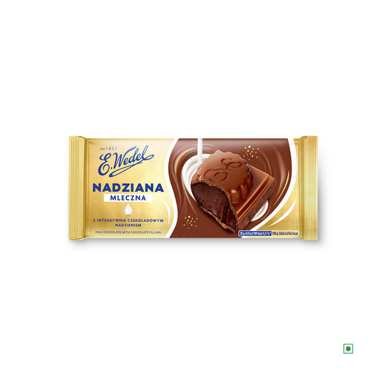 A Wedel Nadziana Milk Chocolate Filling Bar 100g, elegantly presented in a brown and gold wrapper, showcases the Wedel branding and logos. This delightful treat originates from Poland, offering a taste of its rich confectionery heritage.