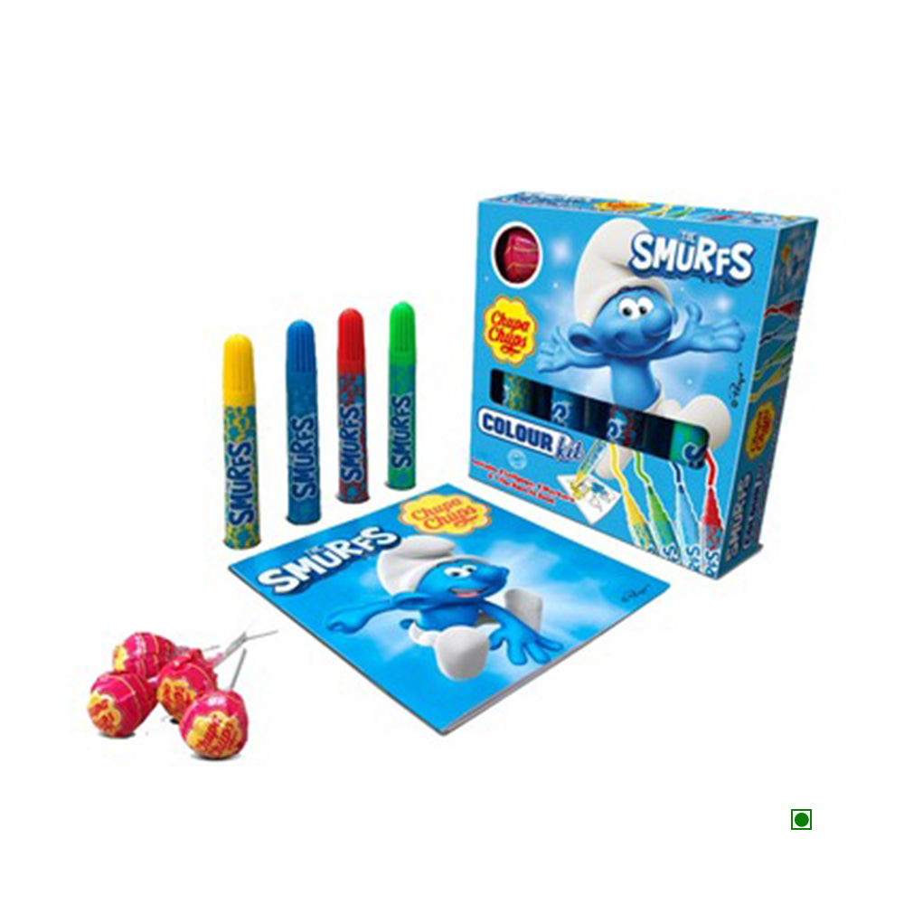 The Chupa Chups Colour Kit 48g offers a Smurfs-themed coloring set with four vibrant markers and three lollipops for a sweet artistic treat.