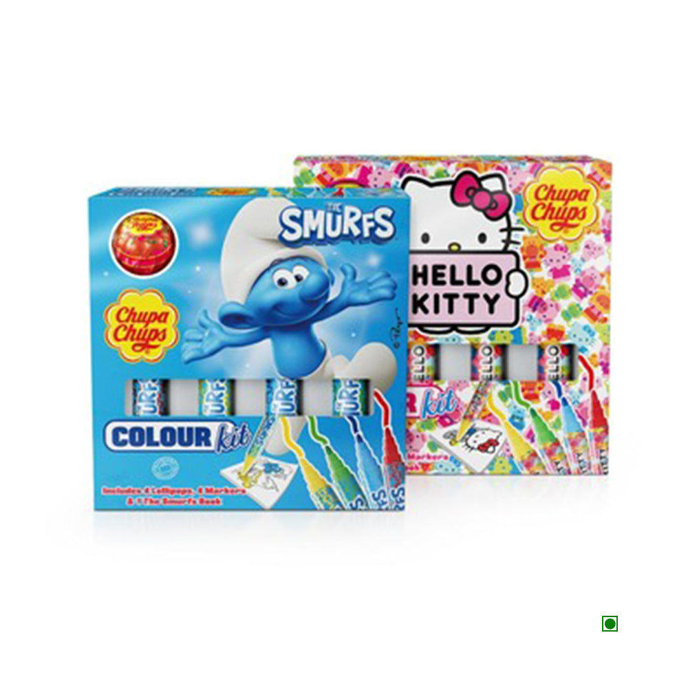 Two Chupa Chups Colour Kit 48g boxes, featuring The Smurfs and Hello Kitty designs, are filled with coloring supplies and include two sweet Chupa Chups lollipops.