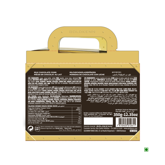 The image shows the back of a Goldkenn Goldcash Suitcase 350g package. It contains various descriptions and nutritional information in multiple languages. The premium Swiss milk chocolate coins come in golden packaging, and the package weighs 350 grams (12.35 ounces).