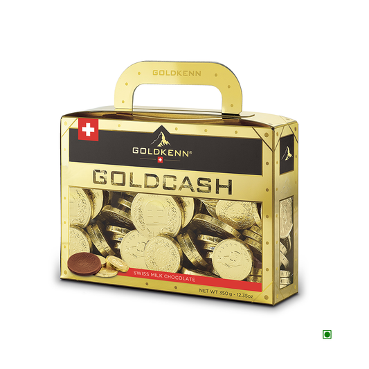 The Goldkenn Goldcash Suitcase 350g features premium Swiss milk chocolate coins from the renowned brand Goldkenn, shaped like gold coins. This elegant product is marked with the Swiss flag and includes a convenient carrying handle. The luxurious golden packaging enhances its sophisticated appeal, making it a perfect gift or indulgence. Net weight: 350g (12.35oz).