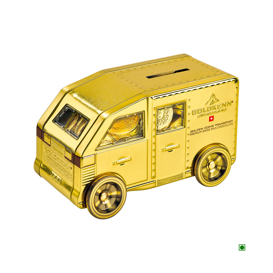 A gold-colored toy truck, designed to resemble a cash transport truck, features a coin slot on top and visible Swiss milk chocolate coins inside. The side displays the text "Goldkenn Gold Chocolate Van," making it a delightful piggy bank for saving treats or coins. This 180g product is by the brand Goldkenn.