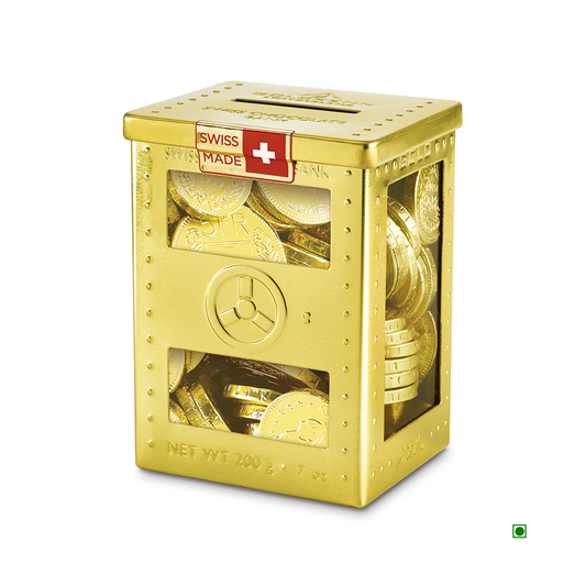 A Goldkenn Mini Chocolate Safe 200g, a gold-colored money box labeled "Swiss Made," filled with Swiss milk chocolate coins.